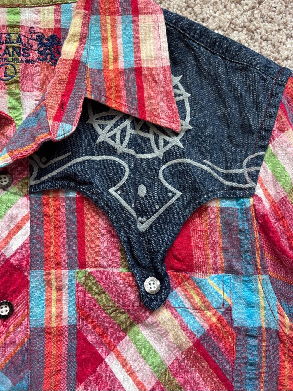 Vintage F.U.S.A.I. Jeans Western Snap Shirt Men’s L 90s Y2K Plaid Denim Rodeo - Picture 6 of 9